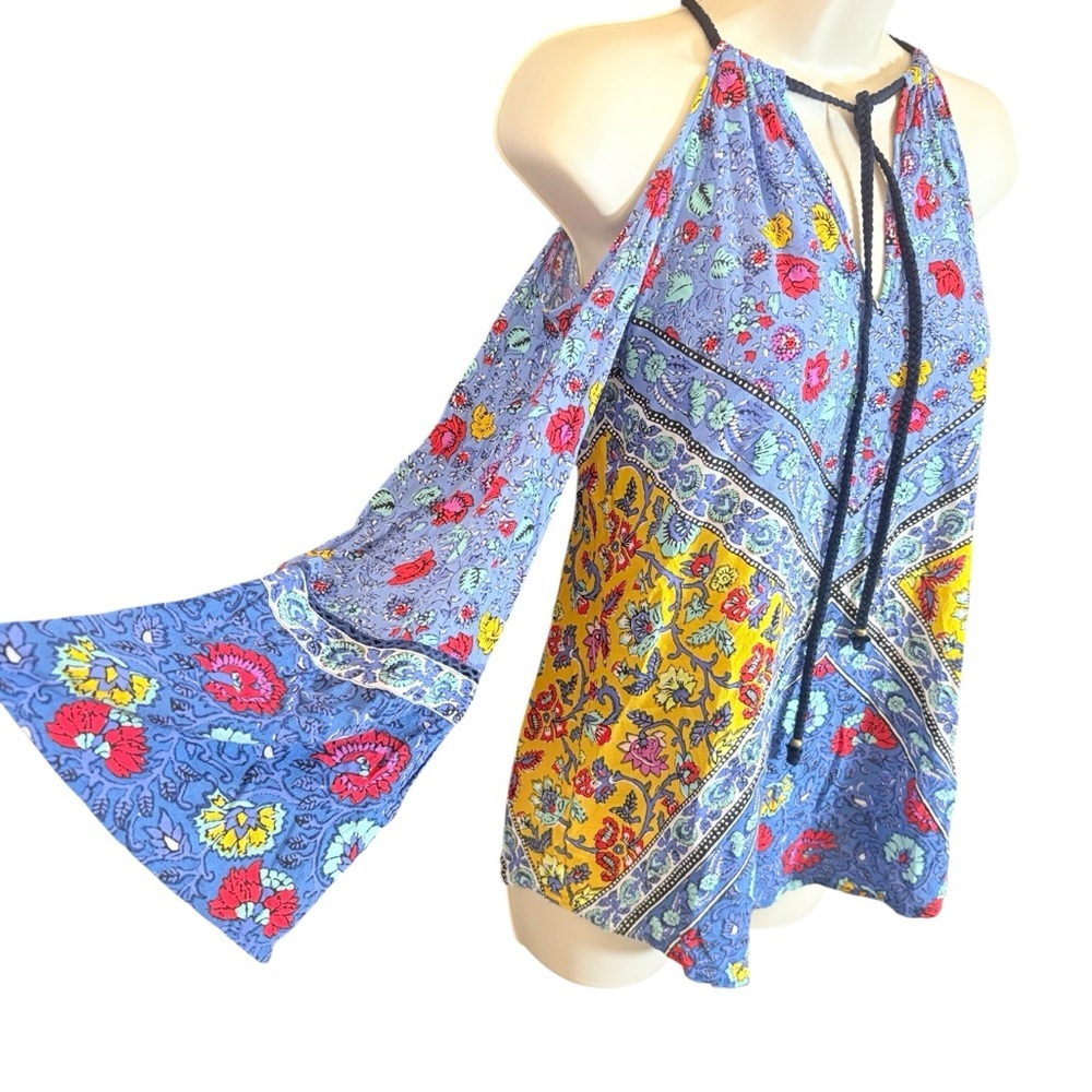 Nanette Lepore Women’s Blue & Yellow Cold Shoulder Floral Blouse Sm Boho Casual